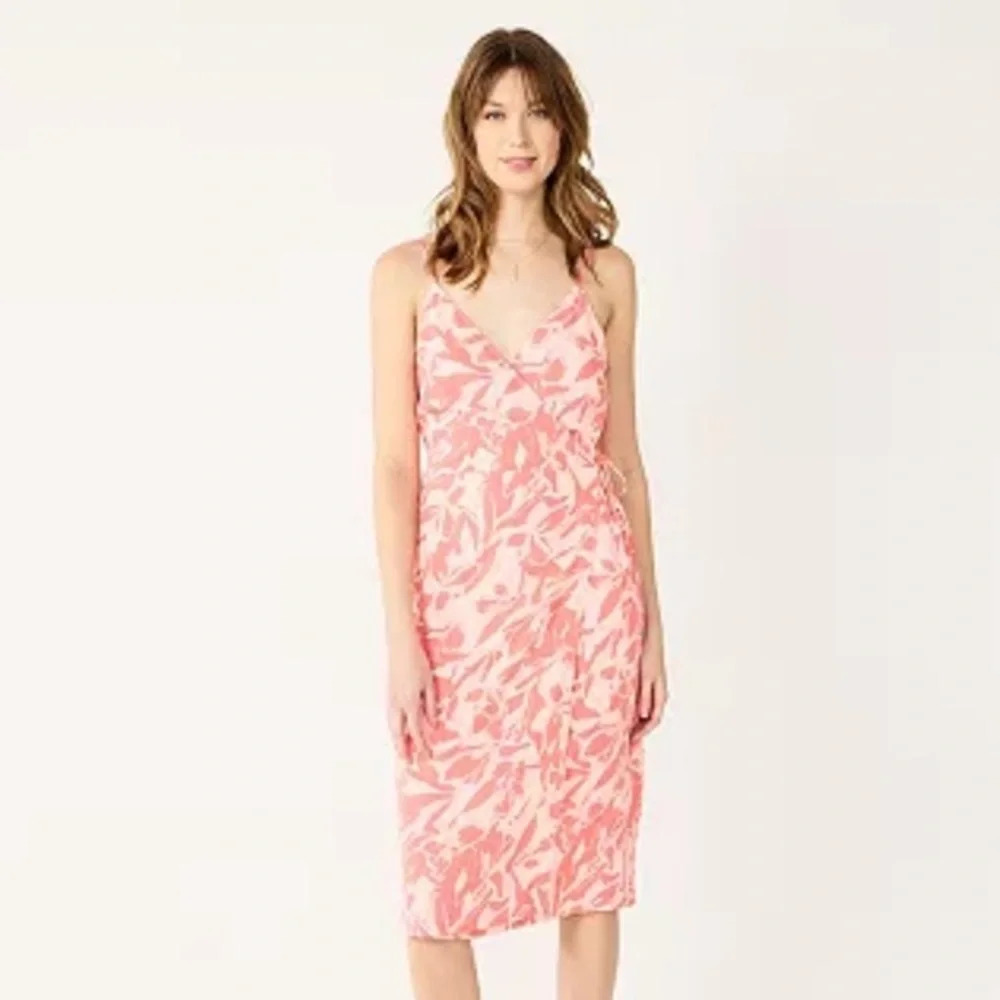 NWT Nine West Strappy Bicolor Floral Print, Peach/Pink Wrap Midi Dress, Size L